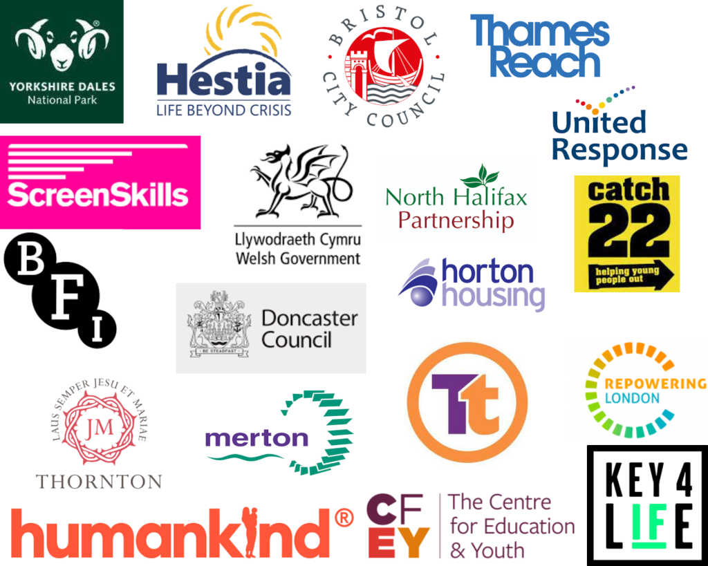 A collage of logos that's Speak! has worked with. These are: Yorkshire Dales National Parks; Hestia; Bristol City Council; Thames Reach; Screenskills; Welsh Givernment; North Halifax Partnership; United Response; Catch 22; BFI; Doncaster Council; Horton Housing; Thornton College; Merton Council; Taye Training; Repowering London; Key 4 Life; Humankind; Centre for Education & Youth 